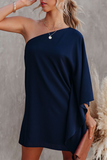 Momentlover Casual Solid Patchwork One Shoulder Straight Dresses(10 Colors)
