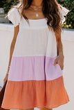 Momentlover Casual Solid Split Joint Square Collar Cake Skirt Dresses