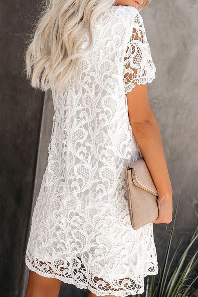 Momentlover Casual Solid Lace O Neck Straight Dresses