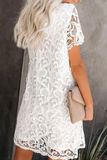Momentlover Casual Solid Lace O Neck Straight Dresses