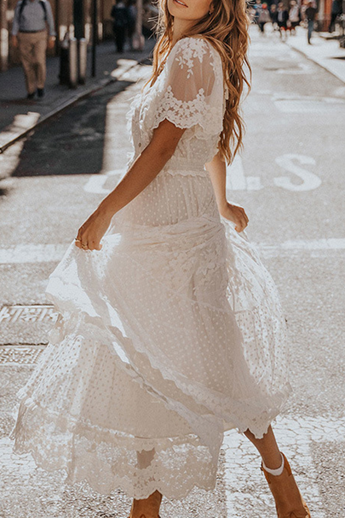 Momentlover Fashion Solid Mesh V Neck Lace Dress Dresses