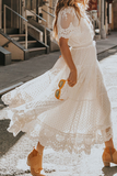 Momentlover Fashion Solid Mesh V Neck Lace Dress Dresses