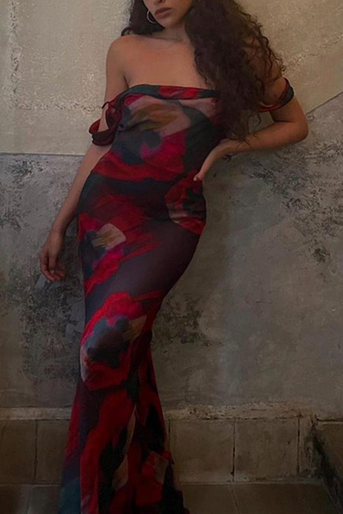 Momentlover Fashion Print Patchwork Spaghetti Strap Trumpet Mermaid Dresses