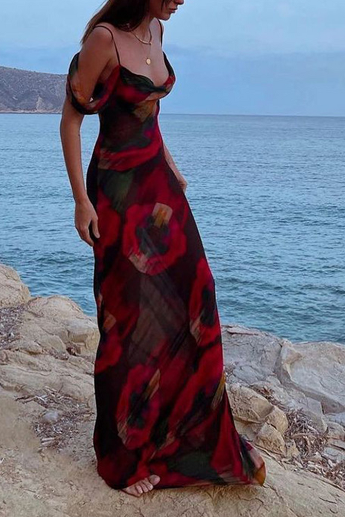 Momentlover Fashion Print Patchwork Spaghetti Strap Trumpet Mermaid Dresses
