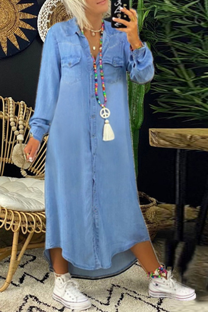 Momentlover Casual Solid Split Joint Turndown Collar Irregular Dress Dresses