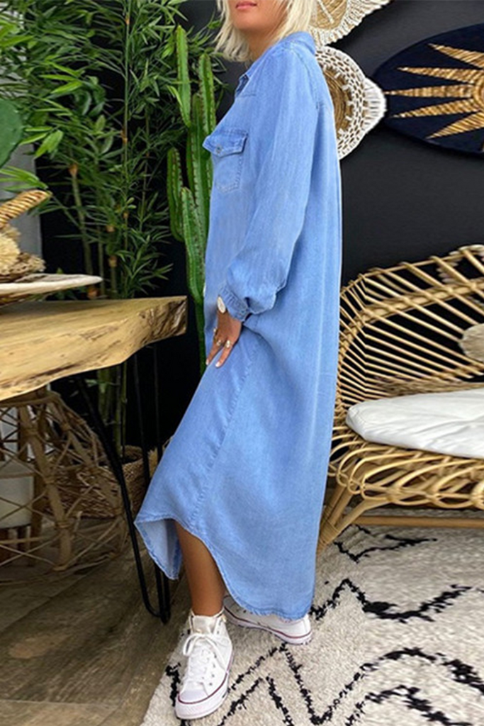 Momentlover Casual Solid Split Joint Turndown Collar Irregular Dress Dresses