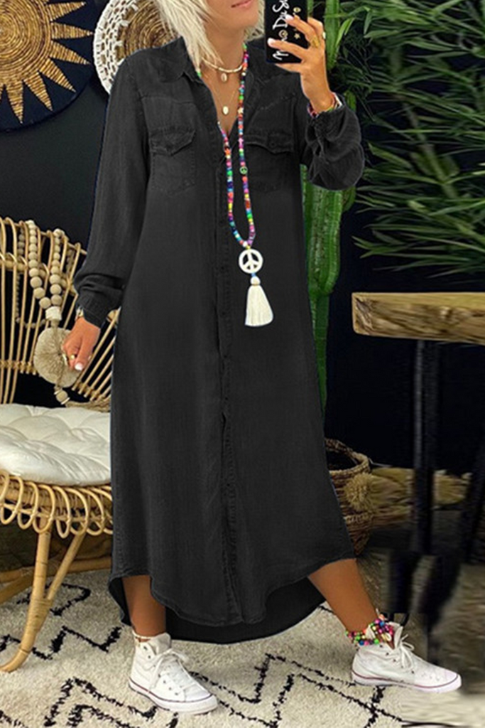 Momentlover Casual Solid Split Joint Turndown Collar Irregular Dress Dresses