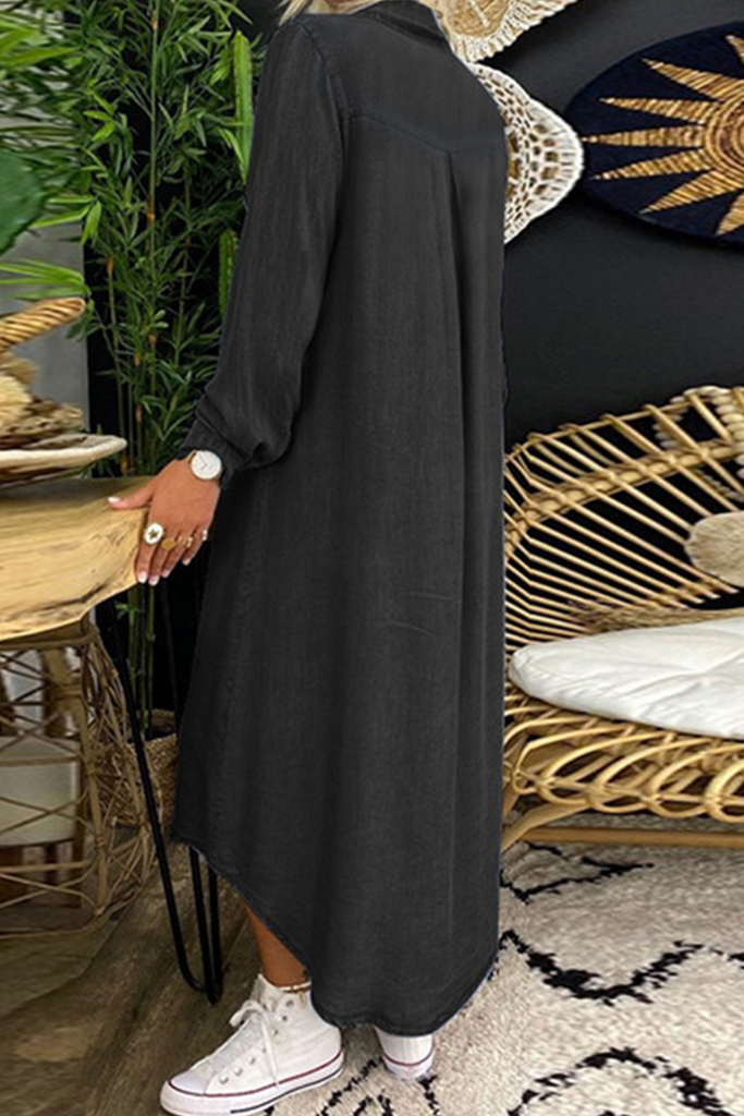 Momentlover Casual Solid Split Joint Turndown Collar Irregular Dress Dresses
