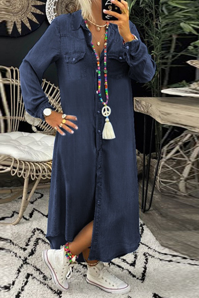 Momentlover Casual Solid Split Joint Turndown Collar Irregular Dress Dresses