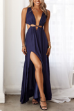 Momentlover Sexy Solid Patchwork V Neck Waist Skirt Dresses