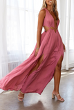 Momentlover Sexy Solid Patchwork V Neck Waist Skirt Dresses