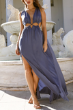 Momentlover Sexy Solid Patchwork V Neck Waist Skirt Dresses