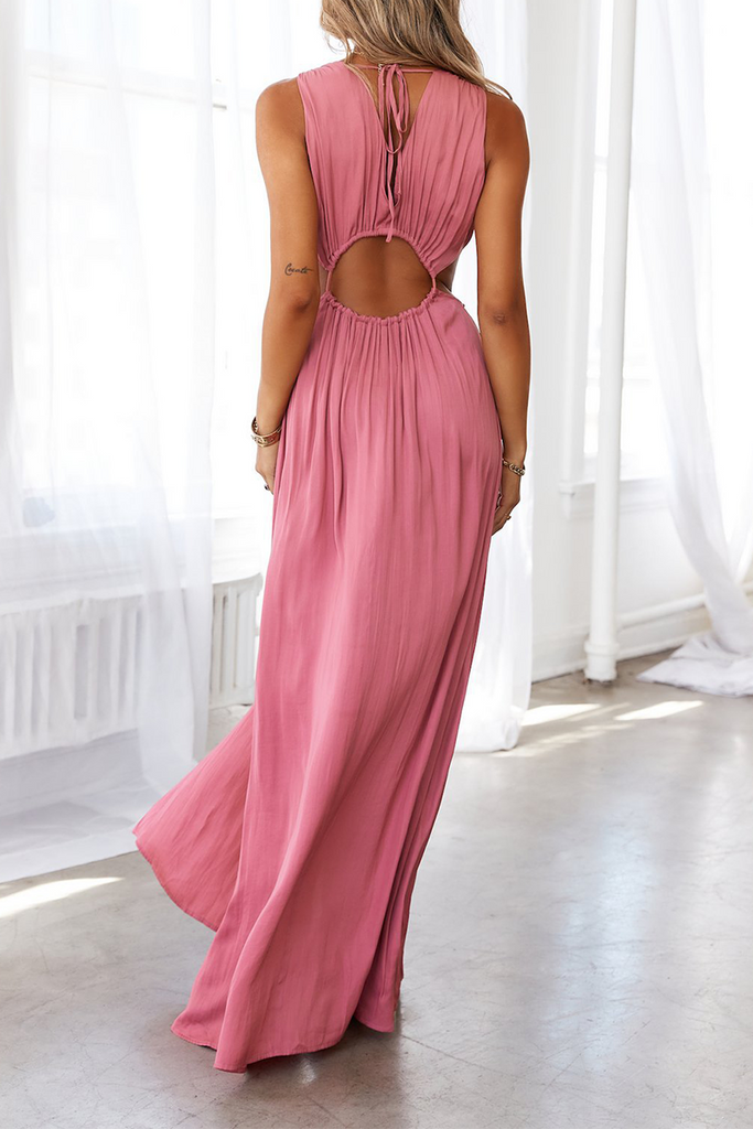 Momentlover Sexy Solid Patchwork V Neck Waist Skirt Dresses