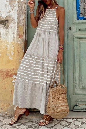Momentlover Casual Print Split Joint Spaghetti Strap Cake Skirt Dresses