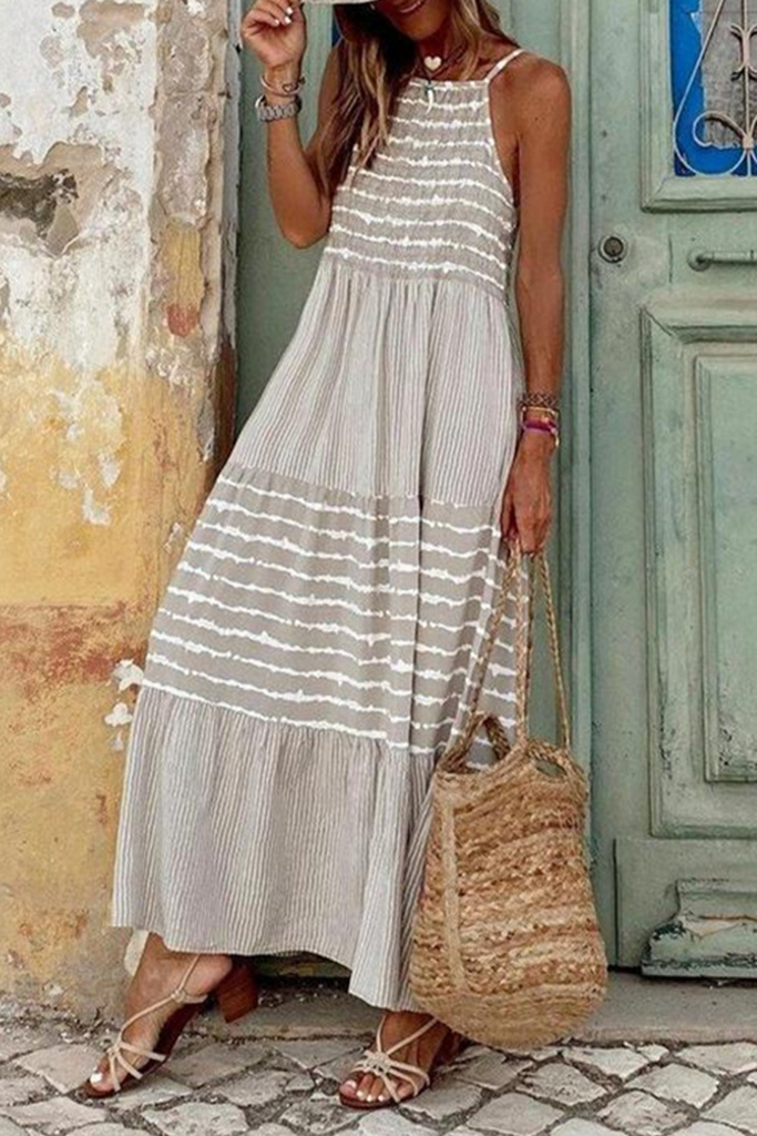 Momentlover Casual Print Split Joint Spaghetti Strap Cake Skirt Dresses