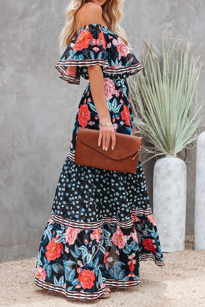 Momentlover Fashion Street Print Patchwork Off the Shoulder A Line Dresses