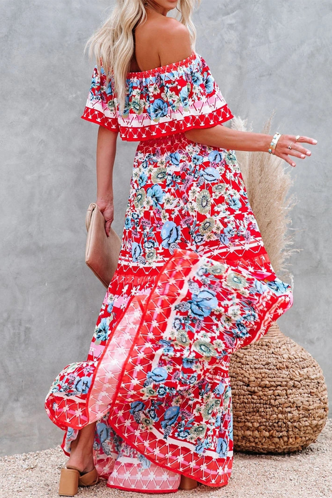 Momentlover Fashion Street Print Patchwork Off the Shoulder A Line Dresses