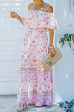 Momentlover Fashion Street Print Patchwork Off the Shoulder A Line Dresses