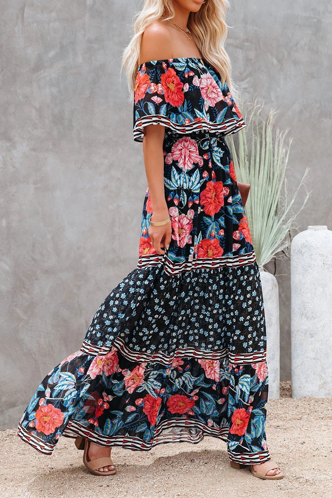 Momentlover Fashion Street Print Patchwork Off the Shoulder A Line Dresses