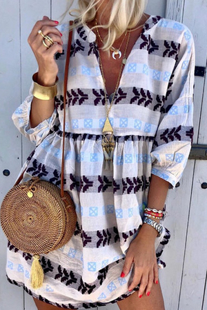 Momentlover Casual Print Patchwork V Neck Straight Dresses(4 Colors)