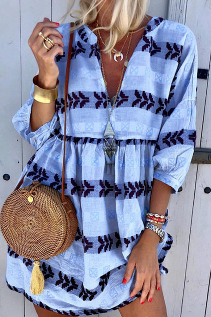 Momentlover Casual Print Patchwork V Neck Straight Dresses(4 Colors)