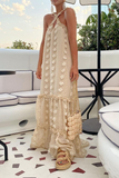 Momentlover Fashion Solid Patchwork Halter Cake Skirt Dresses(6 Colors)