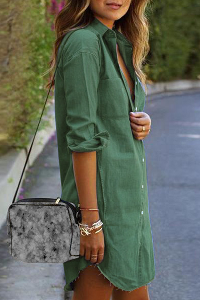 Momentlover Casual Solid Patchwork Turndown Collar Shirt Dress Dresses