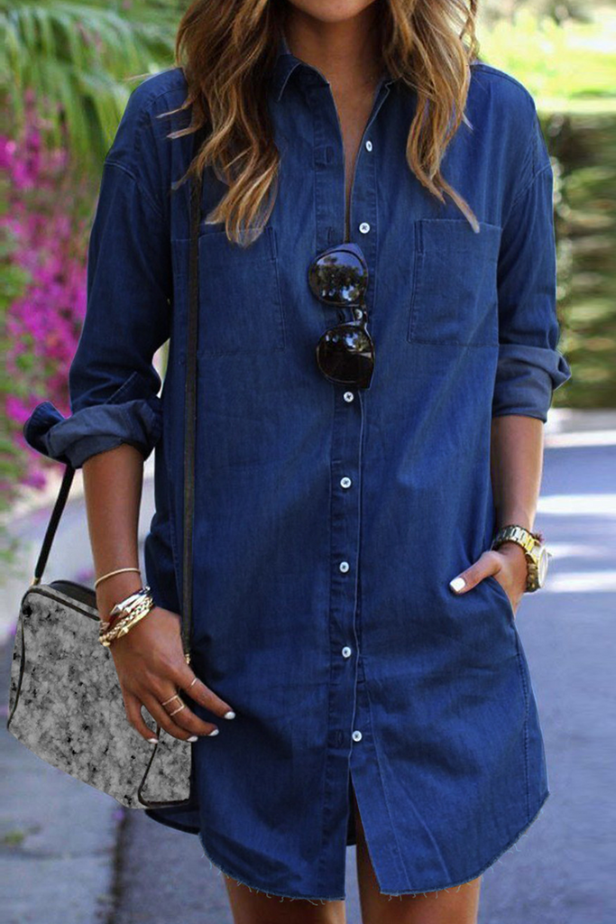 Momentlover Casual Solid Patchwork Turndown Collar Shirt Dress Dresses