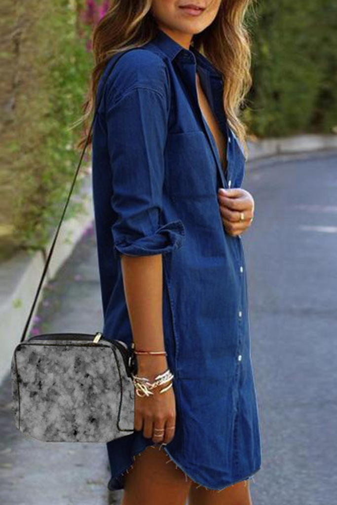 Momentlover Casual Solid Patchwork Turndown Collar Shirt Dress Dresses