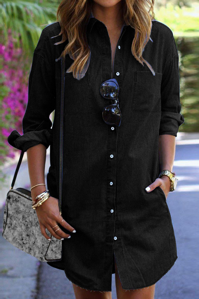 Momentlover Casual Solid Patchwork Turndown Collar Shirt Dress Dresses