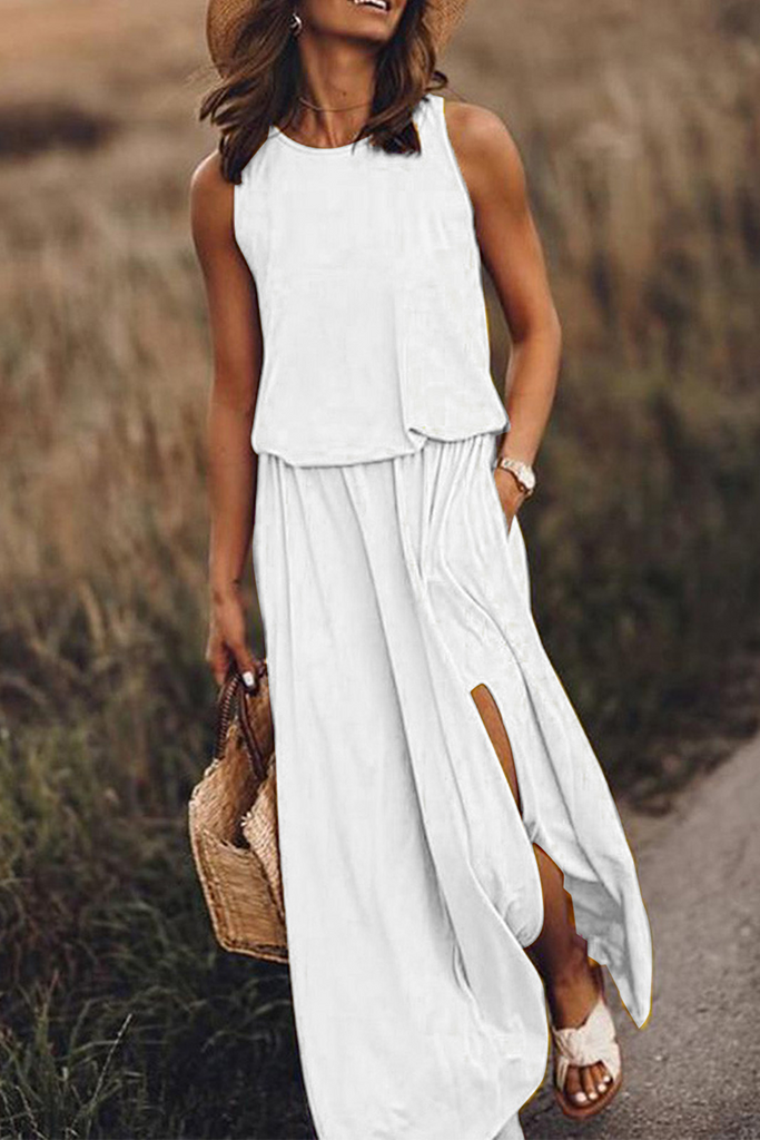 Momentlover Casual Solid Patchwork Slit O Neck Waist Skirt Dresses(8 Colors)