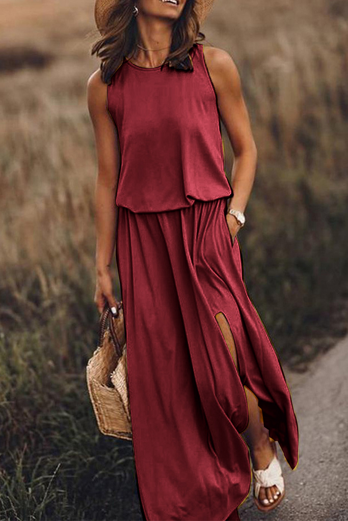 Momentlover Casual Solid Patchwork Slit O Neck Waist Skirt Dresses(8 Colors)