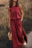 Momentlover Casual Solid Patchwork Slit O Neck Waist Skirt Dresses(8 Colors)