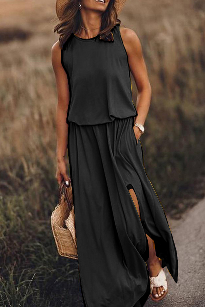 Momentlover Casual Solid Patchwork Slit O Neck Waist Skirt Dresses(8 Colors)