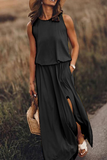 Momentlover Casual Solid Patchwork Slit O Neck Waist Skirt Dresses(8 Colors)