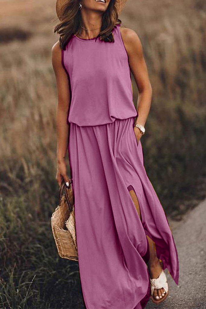 Momentlover Casual Solid Patchwork Slit O Neck Waist Skirt Dresses(8 Colors)