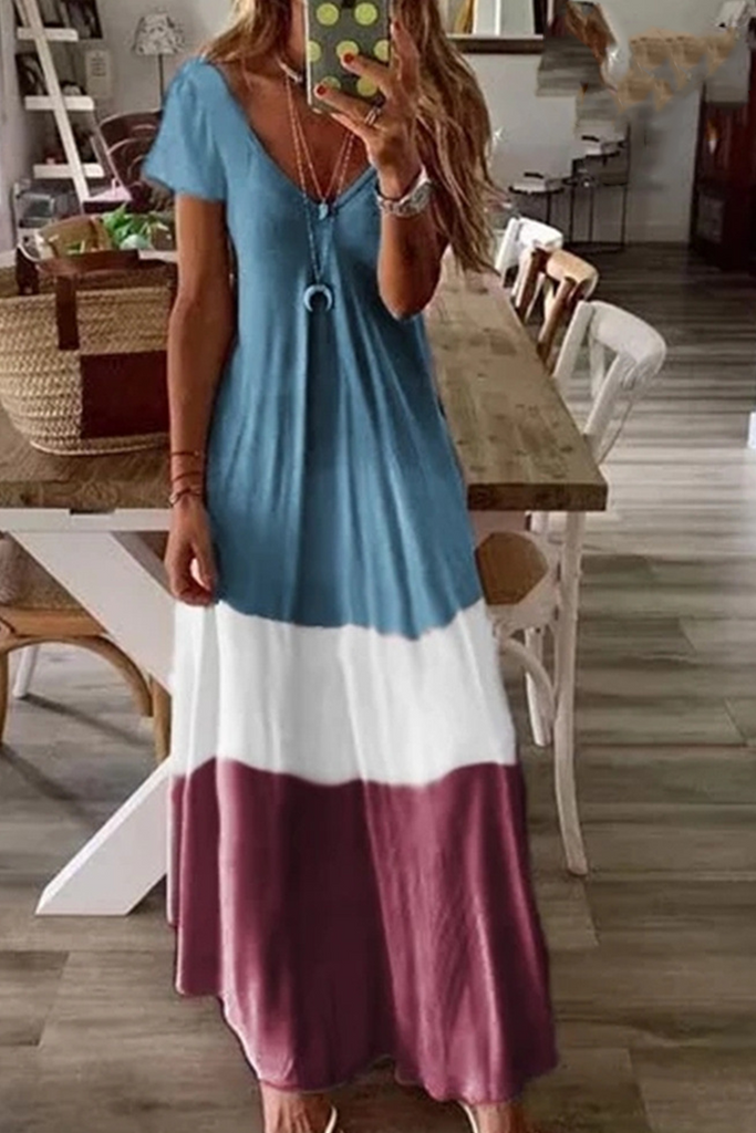 Momentlover Fashion Solid Patchwork V Neck Cake Skirt Dresses