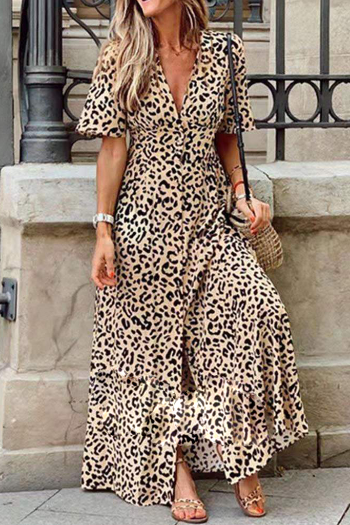 Momentlover Fashion Leopard Slit V Neck Straight Dresses