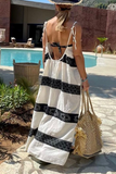 Momentlover Fashion Striped Split Joint Spaghetti Strap Straight Dresses