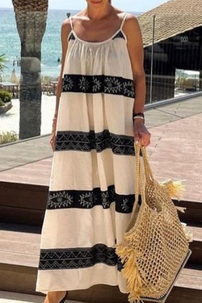 Momentlover Fashion Striped Split Joint Spaghetti Strap Straight Dresses