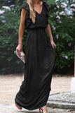 Momentlover Fashion Solid Flounce V Neck Waist Skirt Dresses