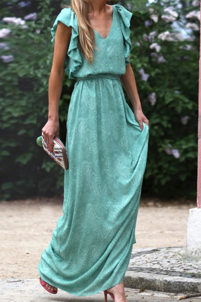 Momentlover Fashion Solid Flounce V Neck Waist Skirt Dresses