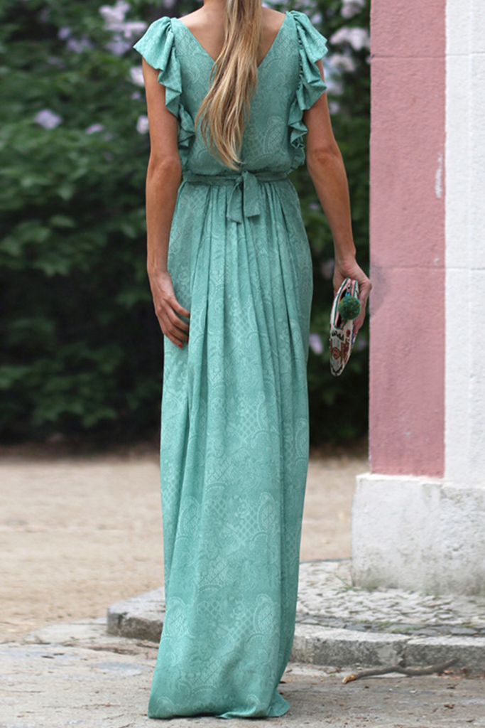 Momentlover Fashion Solid Flounce V Neck Waist Skirt Dresses