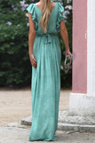Momentlover Fashion Solid Flounce V Neck Waist Skirt Dresses