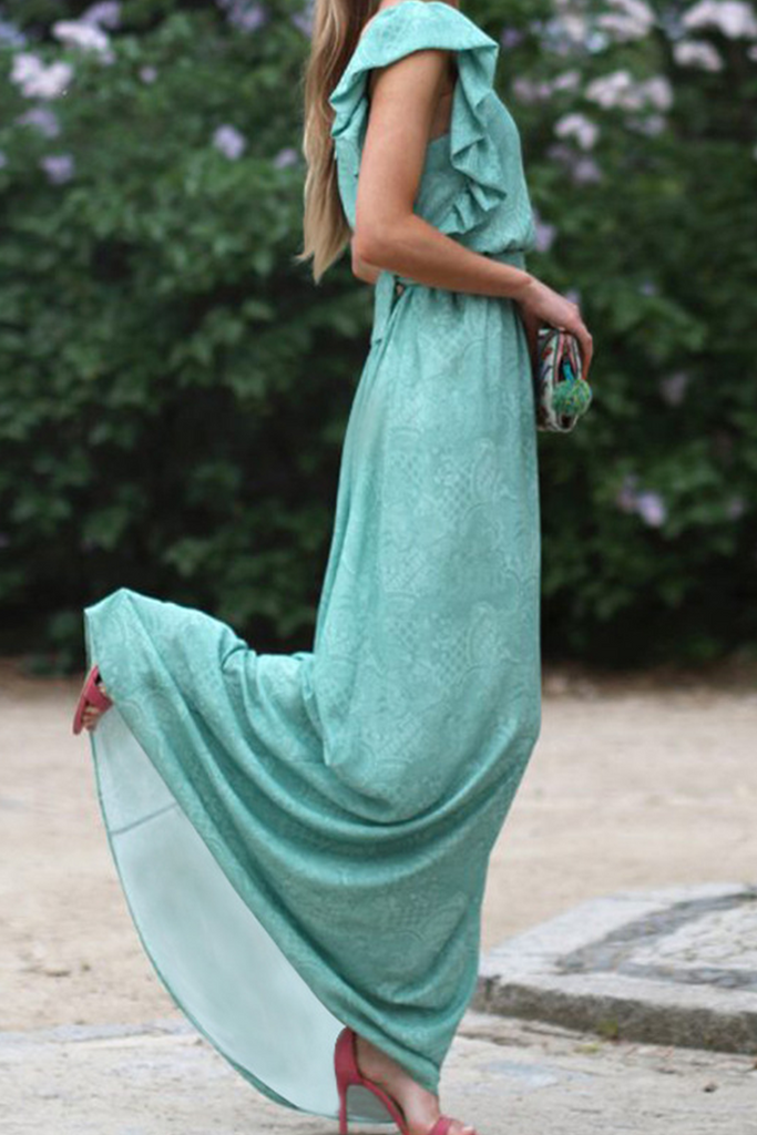Momentlover Fashion Solid Flounce V Neck Waist Skirt Dresses