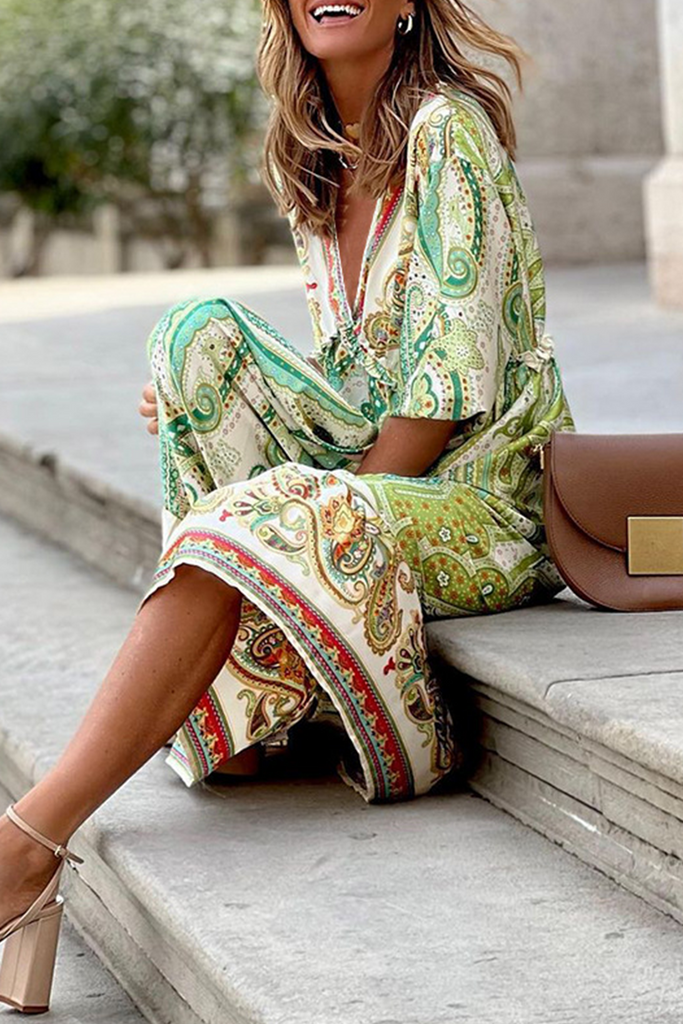 Momentlover Fashion Print Patchwork V Neck Straight Dresses