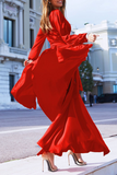 Momentlover Casual Solid Slit V Neck Waist Skirt Dresses