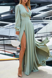 Momentlover Casual Solid Slit V Neck Waist Skirt Dresses