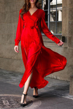 Momentlover Casual Solid Slit V Neck Waist Skirt Dresses