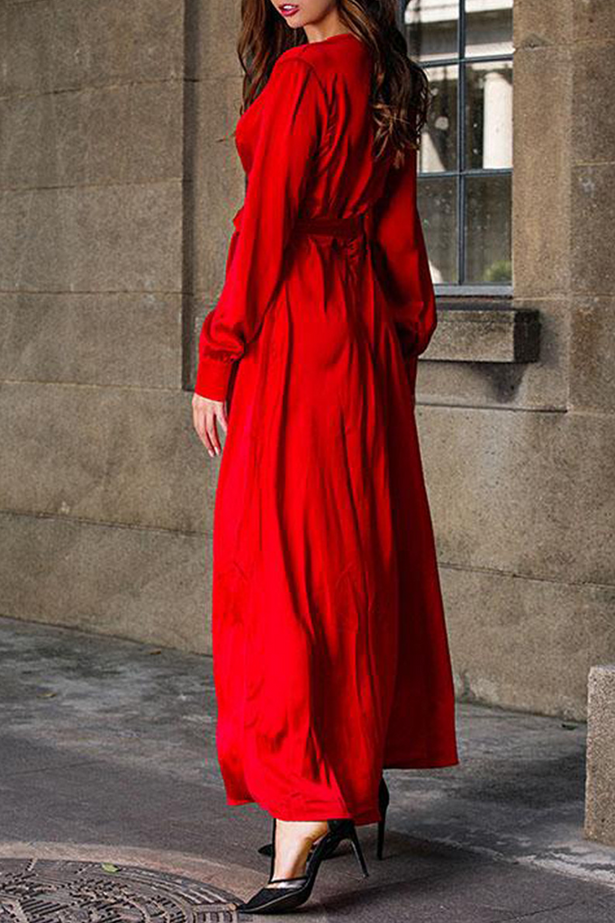 Momentlover Casual Solid Slit V Neck Waist Skirt Dresses